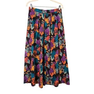 Vintage Womens M Fall Leaf Leaves Floral Pleated A-Line Skirt Black Multicolor